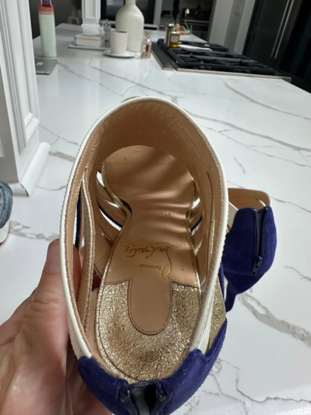 Christian Louboutin Purple/White/Gold Open-Toe Bootie Heel 36 Sz